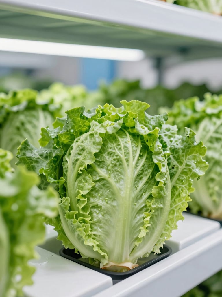 Sharp close-up of fresh green organic lettuce heads in a clean, modern climate-controlled storage facility, bright commercial lighting, crisp details