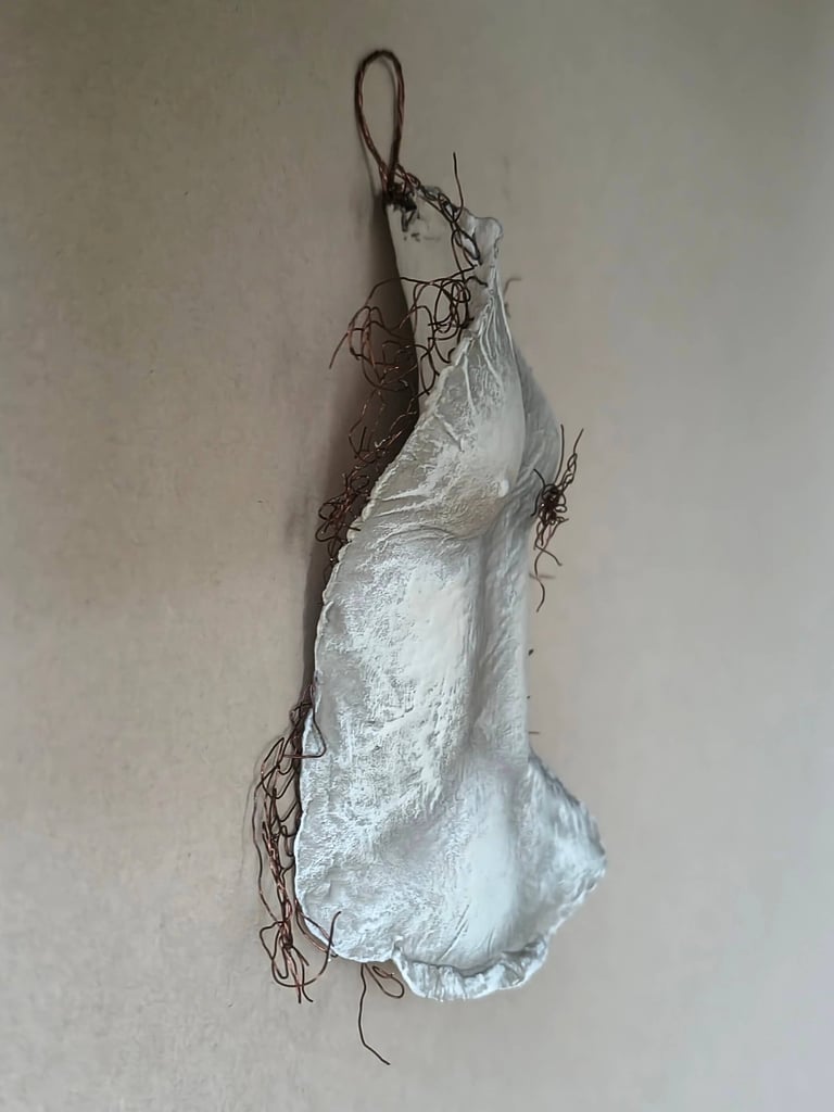 A hanging relief sculpture of a female torso with wire around it and protruding through it.