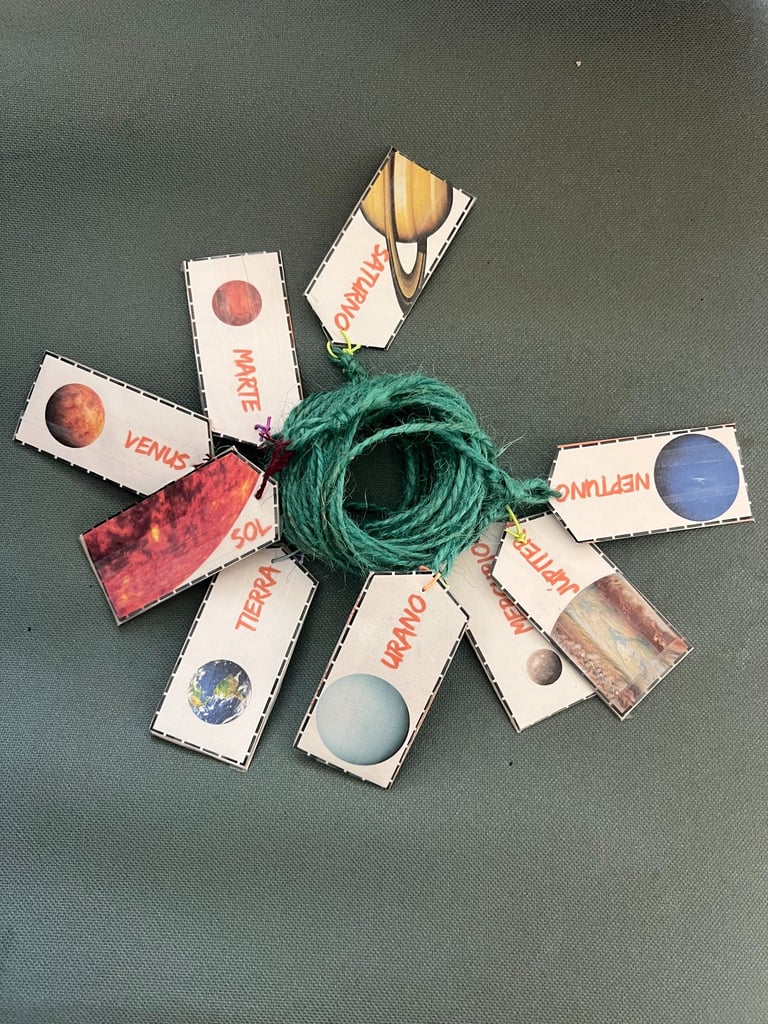 Esta es una imagen de la cuerda enrrolada con las tarjetas que representan a cada uno de los planeta