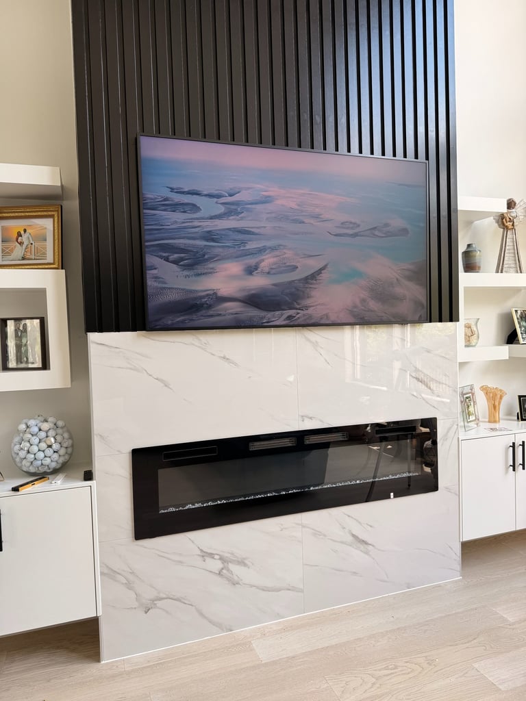 tv installed on louvered wall panels wire free