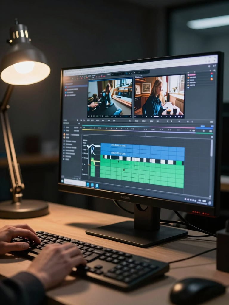 Wide shot of an editing bay from the left side, a monitor showing a video timeline in scrub mode, a hand resting on a keyboard in the foreground, practical tungsten desk lamp casting warm directional light across the work surface, dark background, tight depth of field on the interface