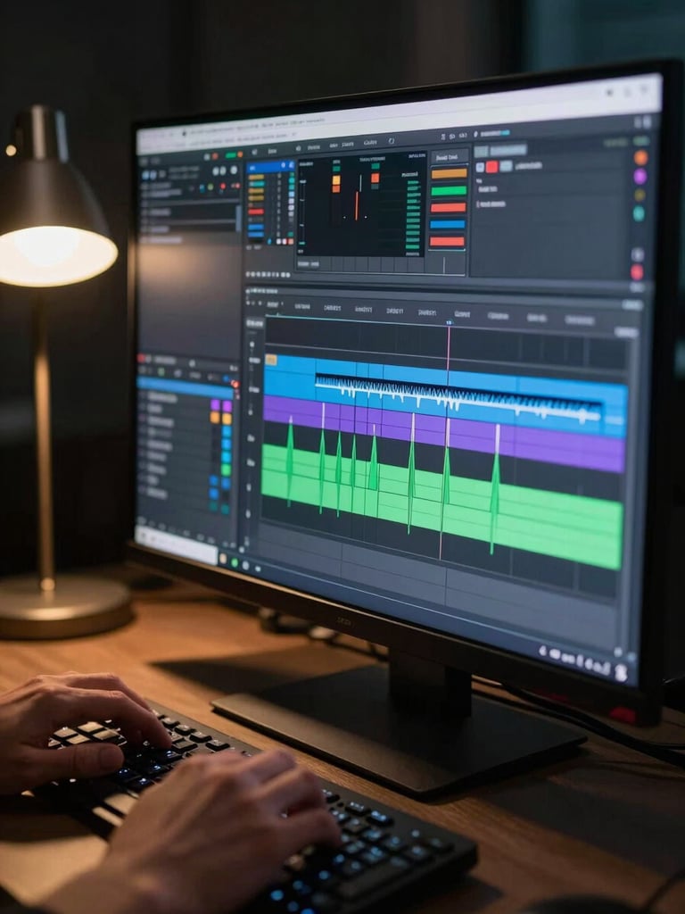 Close-up of an editing bay monitor at night, timeline tracks and waveforms filling the screen, a single desk lamp casting warm tungsten light from the left, hands resting on a keyboard in the foreground, sharp focus on the interface