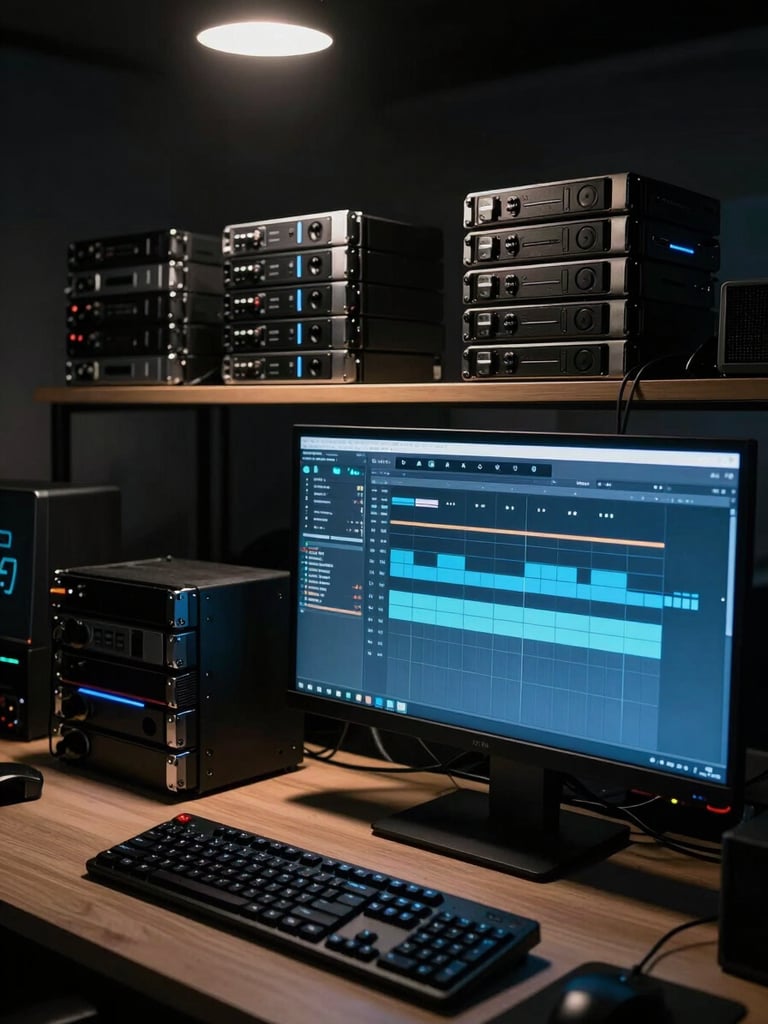 Wide shot of a darkened editing suite, a large monitor casting cool blue light across a keyboard and timeline interface in the foreground, stacks of hard drives visible on a desk shelf, no people present, lit entirely by screen glow and a single overhead practical lamp