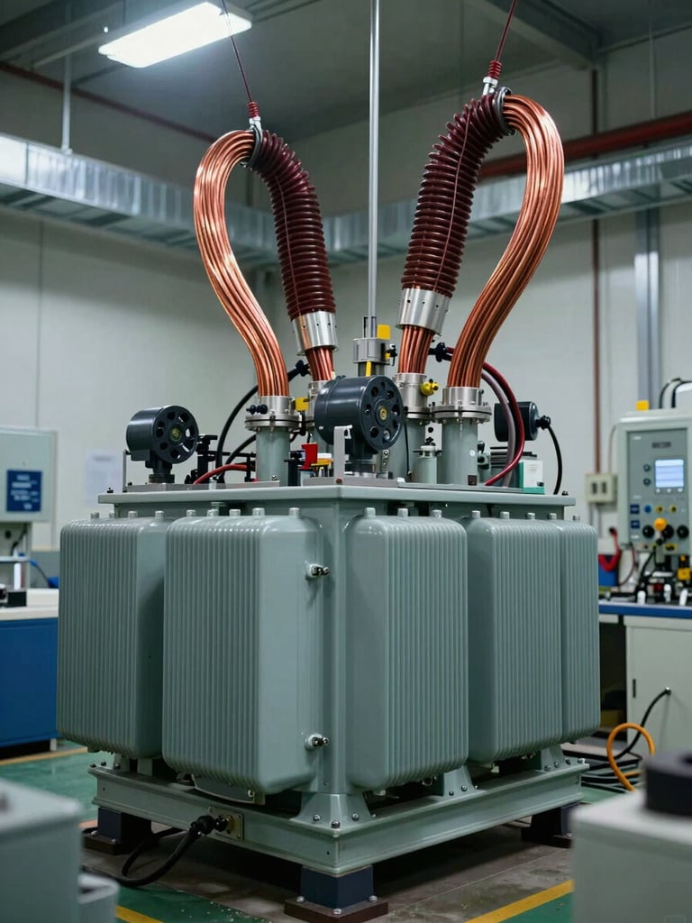 A high-voltage testing chamber inside a clean factory, showing a large transformer with heavy copper wiring under neutral overhead lighting, industrial scale.