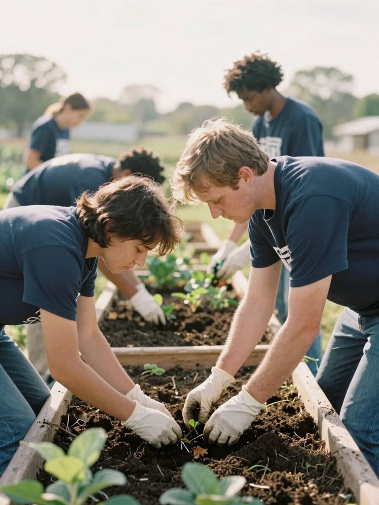 Hands-on community project, diverse volunteers working together to plant a community garden, soft morning light, 35mm film