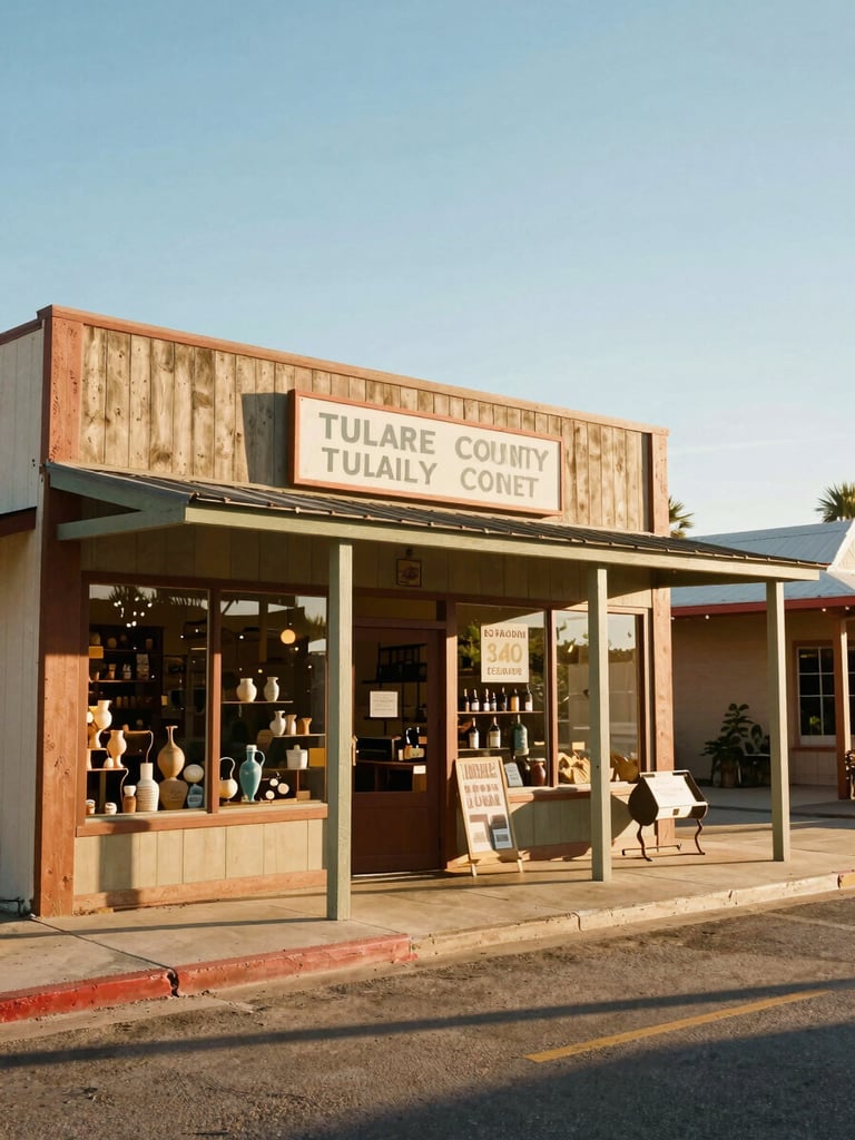 A wide environmental shot of a vibrant local family-owned storefront in Tulare County, warm afternoon sunlight casting long shadows, 35mm