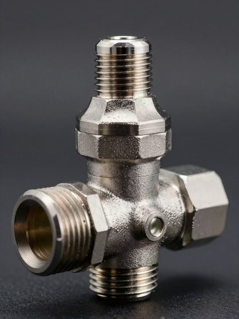 Extreme close-up of a precision-machined stainless steel valve assembly, studio strobe lighting, sharp focus on threaded fittings and machined surfaces, dark neutral background, industrial macro photography