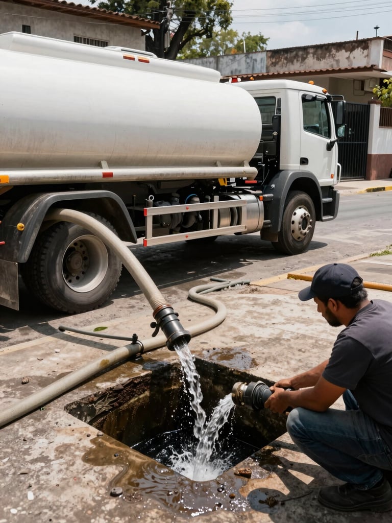 Wide environmental shot from street level — a large white water tanker truck parked beside a residential property in Guadalajara, its discharge hose extended into an underground cistern access point, water flowing visibly; natural midday light, concrete wall and iron gate in background, operator crouching at hose connection in foreground right
