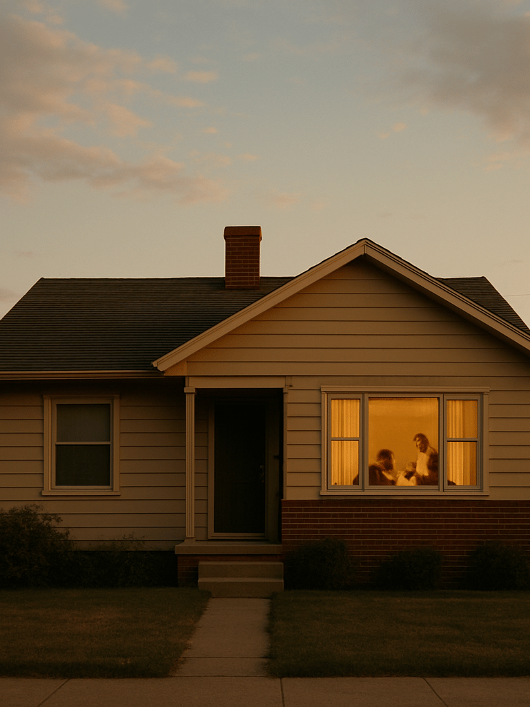 Wide environmental shot of the exterior of a modest family home at golden hour, warm side-light on the facade, a family visible through a lit window inside, framed from the front yard with a low horizon and generous sky, documentary and unhurried