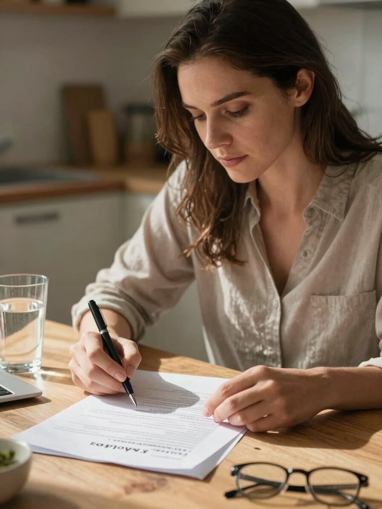 Close-up medium shot of a woman at a kitchen table, pen in hand over mortgage paperwork, soft north-facing daylight casting gentle shadows, expression calm and focused, a glass of water and reading glasses beside the documents, warm domestic interior slightly blurred behind her