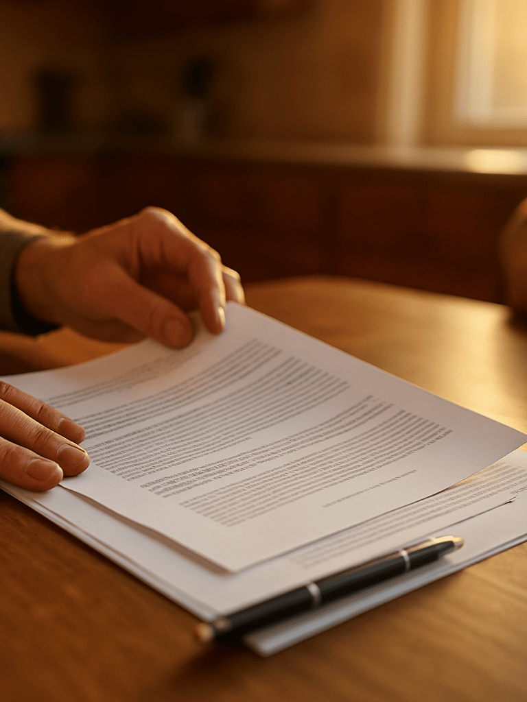 Close-medium shot of a homeowner's hands turning through mortgage paperwork on a kitchen table, pen resting on a document, soft golden hour light through a window to the right, warm shallow depth of field, counselor's forearm visible at the edge of the frame indicating presence