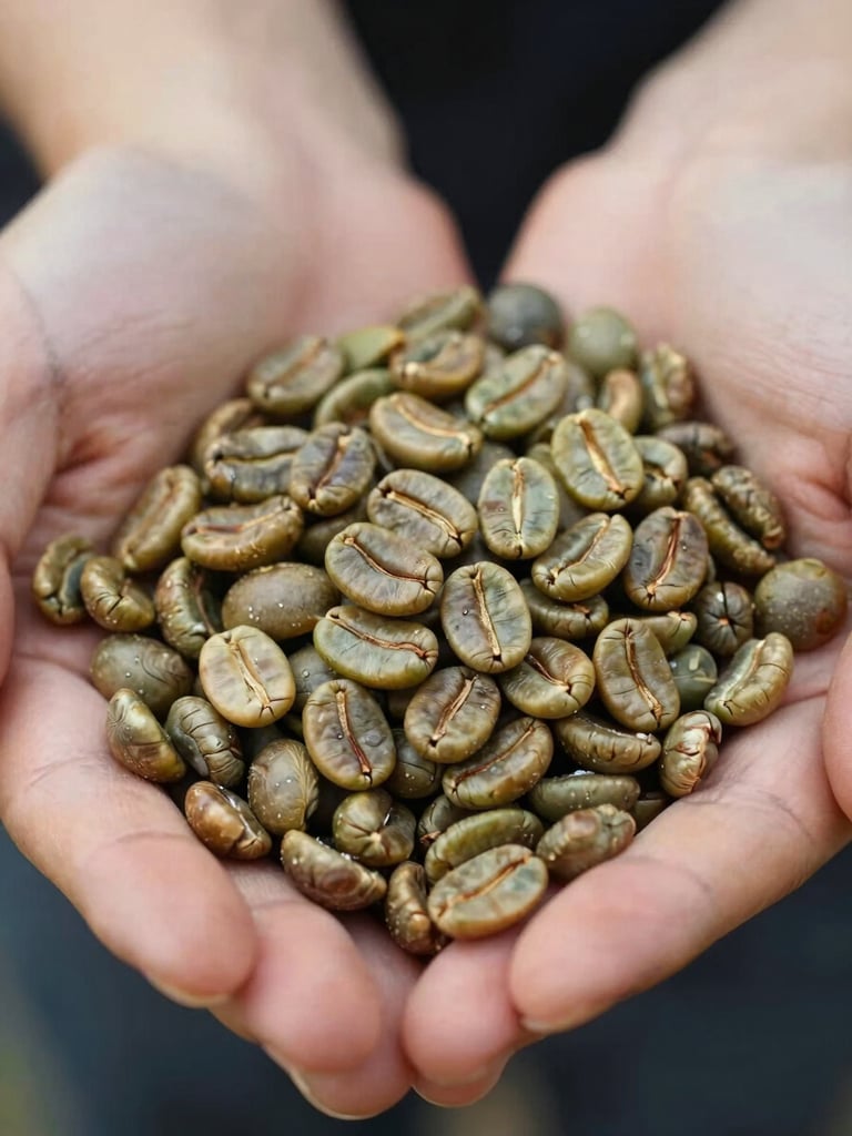 Macro close-up of unroasted green coffee beans held in hands, natural overcast daylight, high-contrast details of raw bean textures.