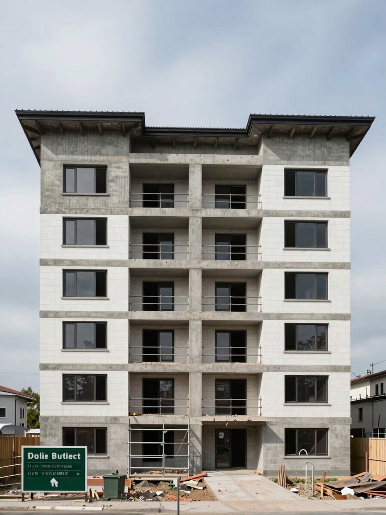 Wide-angle straight-on view of a completed residential building facade in natural overcast daylight — rendered concrete and clean masonry visible, scaffolding removed, site signage in the foreground left, expansive sky overhead