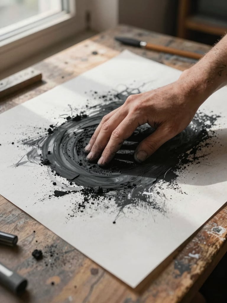 Extreme close-up overhead view of an artist's hands pressing charcoal into heavy paper on a worn wooden studio table, natural north-facing window light raking across the surface, scattered pigment dust and tool marks visible at the edges of the frame