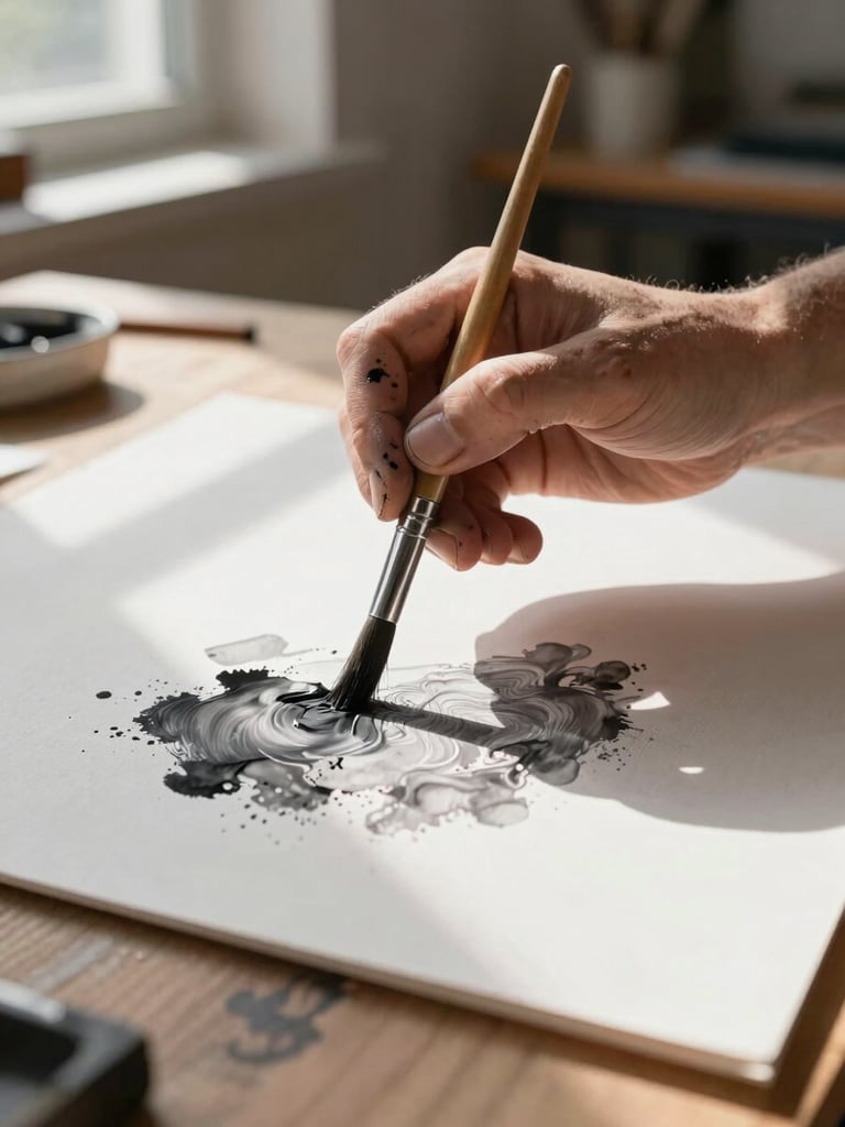 Extreme close-up of an artist's hands holding a fine brush over an ink-washed canvas on a raw wood studio table, natural north-facing window light raking across the surface from the left, paint-stained fingers in sharp focus, canvas edge bleeding off-frame to the right