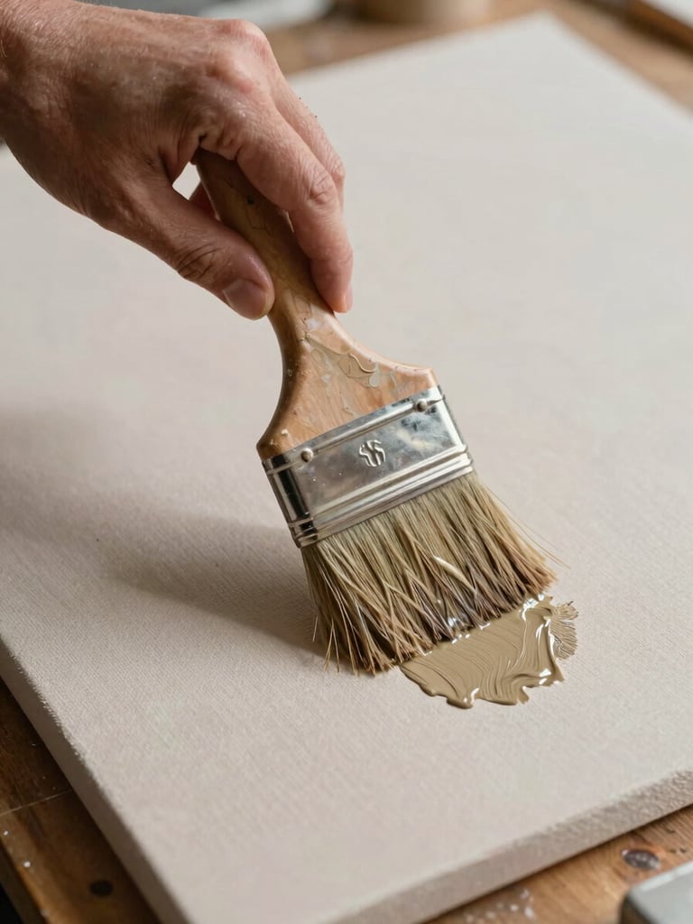 Extreme close-up overhead view of a painter's hand pressing a wide brush into raw canvas on a wooden studio table, north-facing natural light casting soft shadows across the textured surface, earth-toned pigment visible mid-stroke
