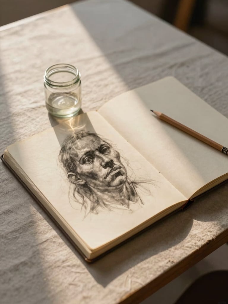 Overhead perspective of an empty studio table, a worn sketchbook open to a charcoal study, a small glass jar and a pencil resting beside it, early morning golden-hour light pooling across raw linen, no hands visible, contemplative stillness