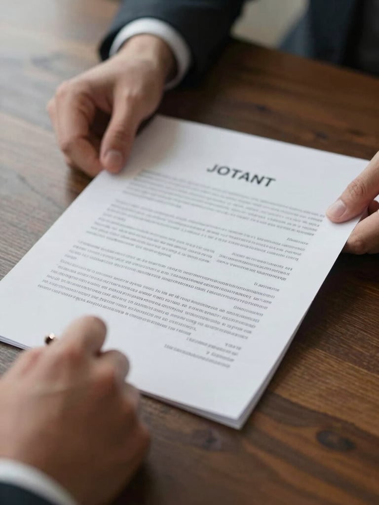 Close-up of hands reviewing legal documents and contracts on a dark wooden desk, warm natural light, professional and serious atmosphere.