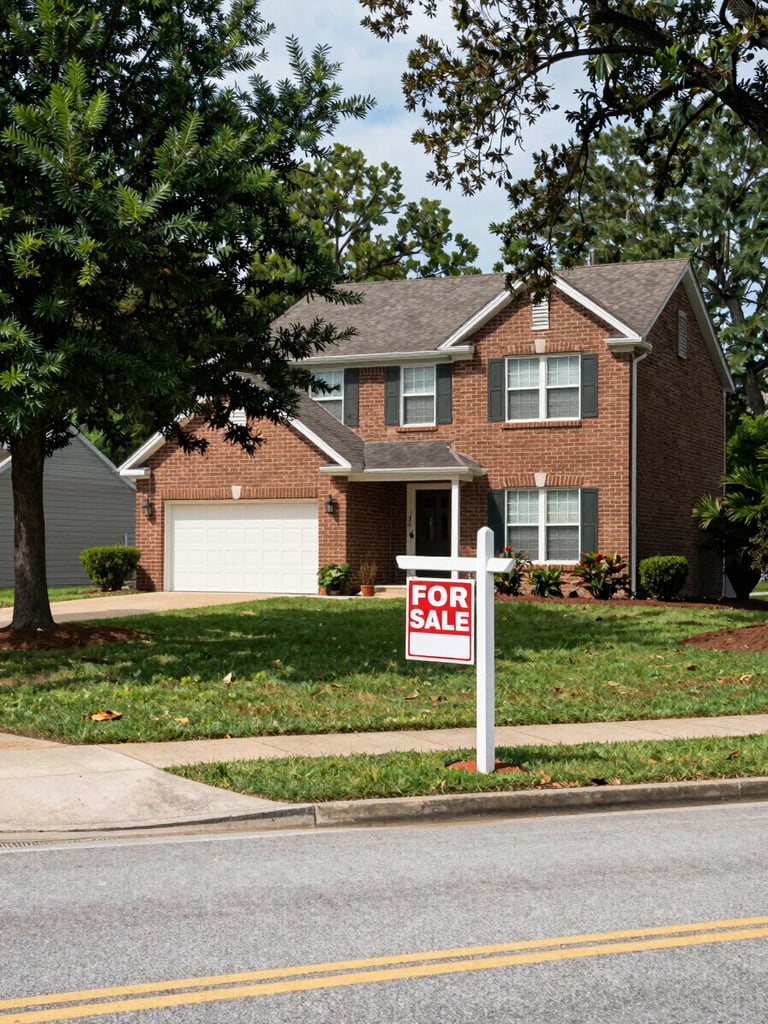 Wide shot of a well-kept suburban street in Lake Wylie SC at midday, a for-sale sign in the front yard of a two-story brick home with a two-car garage, mature trees lining the sidewalk, natural daylight, documentary framing