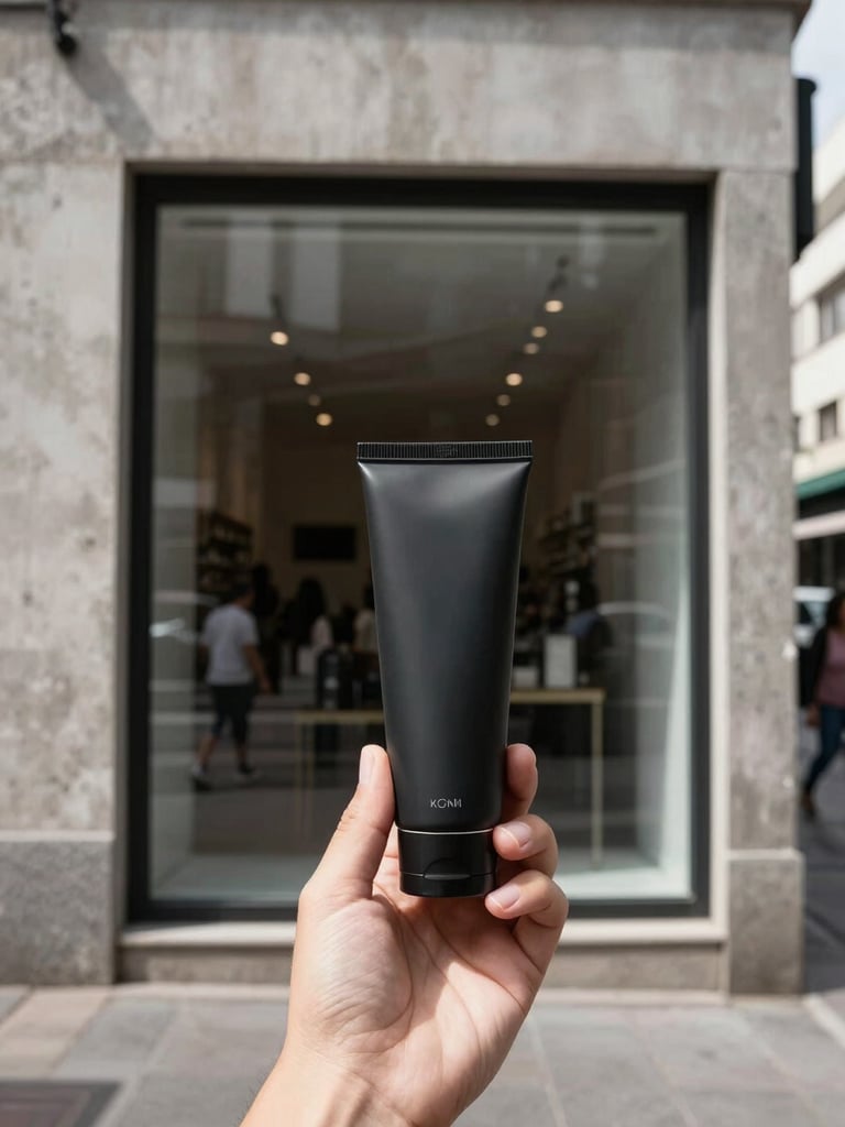 Eye-level POV framing of a hand holding a product against a São Paulo storefront window, flat harsh afternoon daylight, ungraded monochrome tones, concrete wall texture visible in the background, pedestrian foot traffic blurred in the far edge