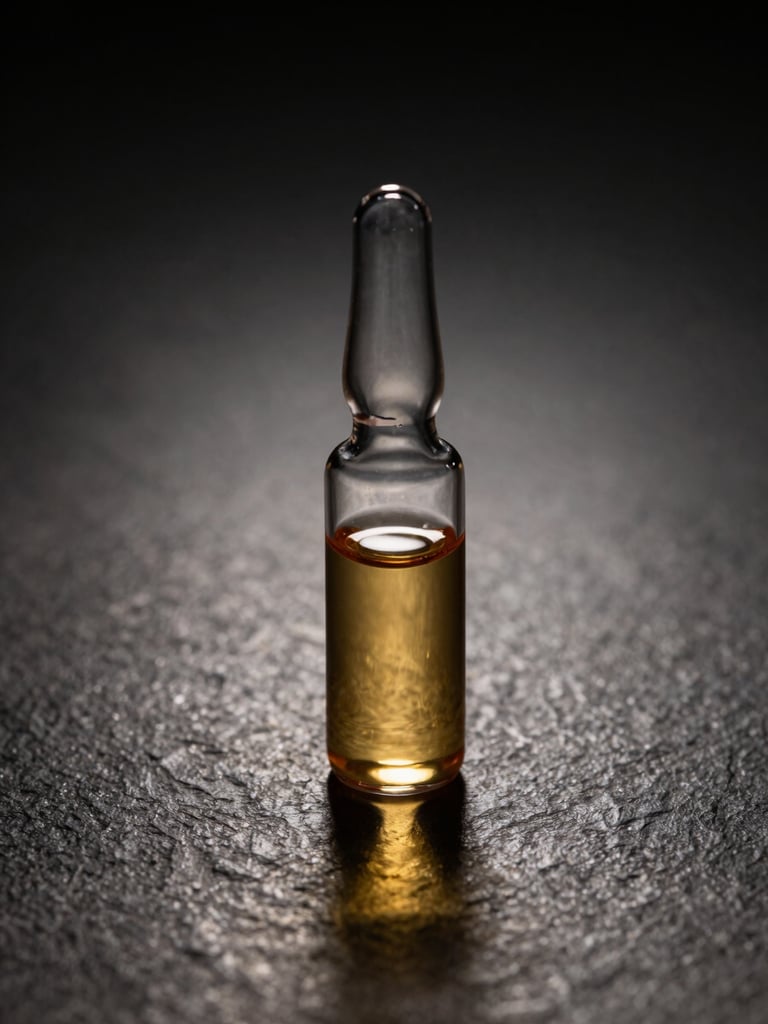 An elegant clinical glass vial containing golden plasma fluid, resting on a dark stone surface under dramatic studio spotlight.