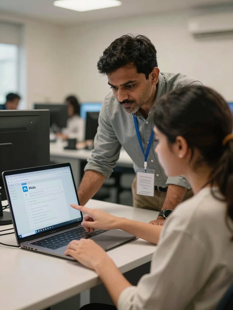 An over-the-shoulder shot of an Indian mentor guiding a female student in a modern computer lab in Ranchi, pointing at a laptop screen showing Meta Ads Manager, warm lighting.