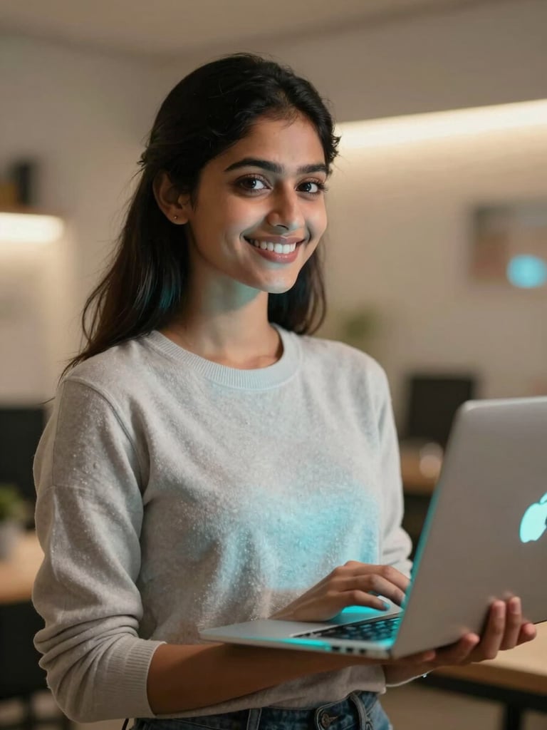 Medium close-up of a confident young Indian female creator smiling in a modern workspace, holding a laptop, soft neon cyan edge lighting, warm ambient background.
