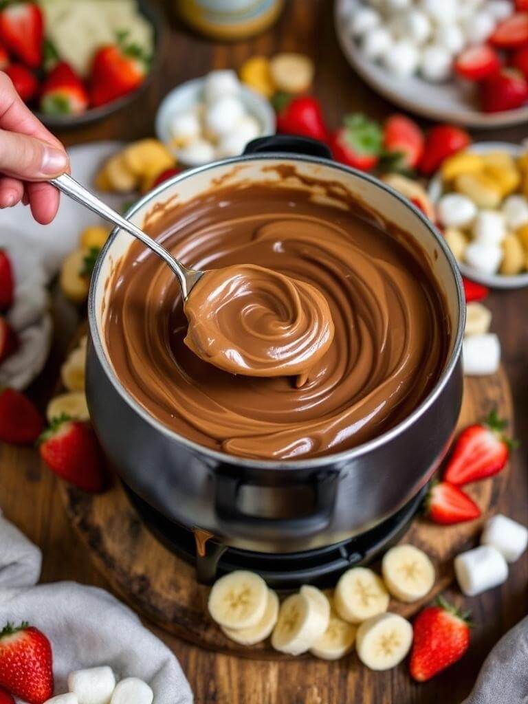 peanut butter chocolate fondue in a pot with berries and bananas 