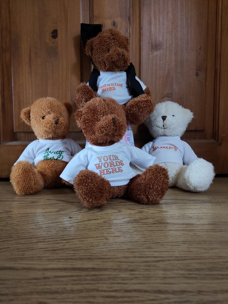 a group of teddy bears sitting on a wooden floor