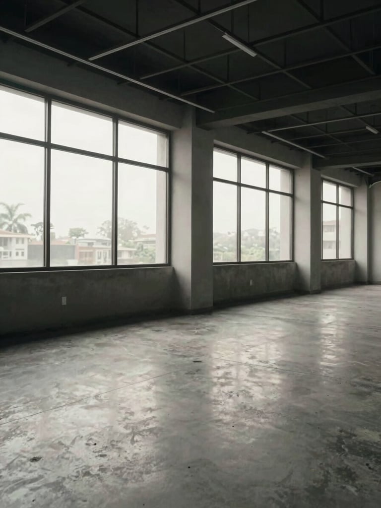 Interior wide shot of an empty ground-floor retail space in India, north-facing windows flooding the floor with soft overcast daylight, exposed ceiling grid visible overhead, polished concrete floor, column placement clear, no furniture or staging