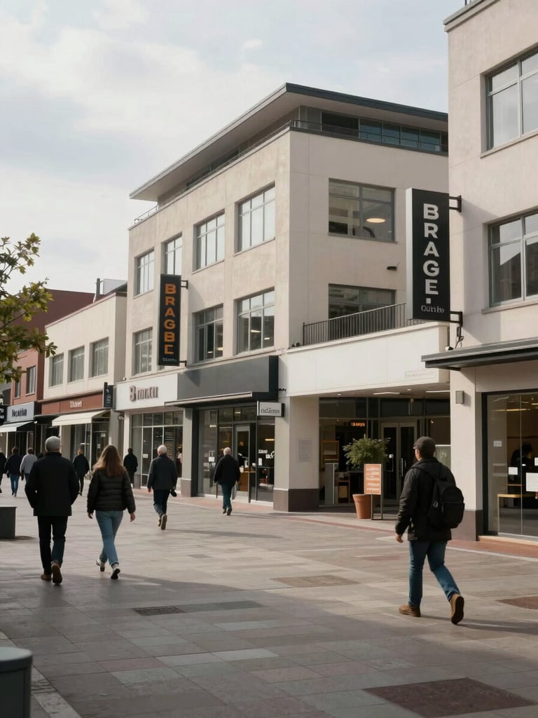 Street-level exterior of a multi-storey commercial building, pedestrian pavement in foreground showing foot traffic context, overcast natural midday light, wide environmental framing revealing neighboring shopfronts and signage, no people staged