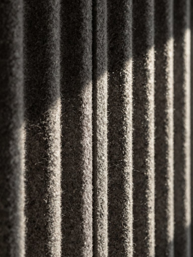 Close-up of dense charcoal wool acoustic tile showing rich textile grain and clean edge joinery, dramatic side lighting