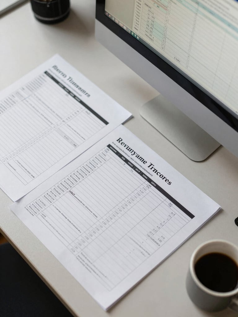 Overhead angle of a work surface with a spreadsheet open on a monitor, printed revenue model sheets and a coffee cup, north-facing daylight casting soft shadows, no people visible
