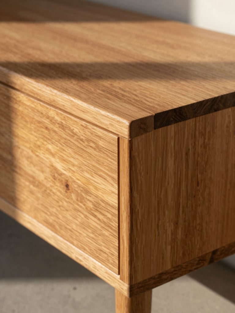 Extreme close-up of precise wood joinery on a teak storage bench, hard late-afternoon shadows, 35mm.