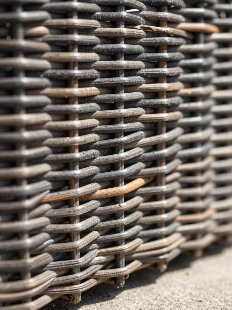 Extreme close-up of weather-resistant charcoal wicker weaving, sharp geometric shadow lines, 35mm.