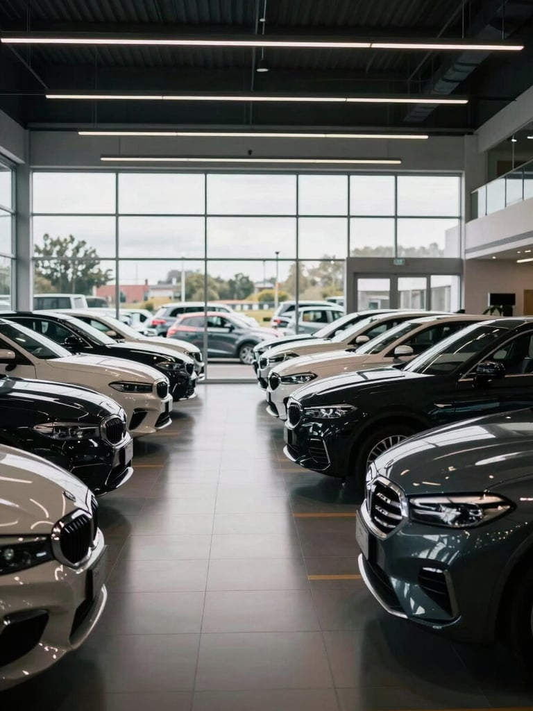 Wide interior shot of a clean car showroom under natural daylight from large windows, multiple vehicles parked in organized rows on a polished floor, no people, overcast daylight from the left