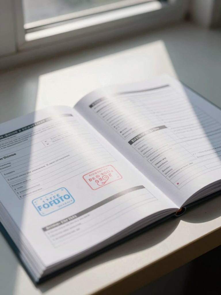 Close-up of a printed vehicle service record booklet open on a desk under north-facing window light, inspection stamps visible, clean and clinical framing, no hands