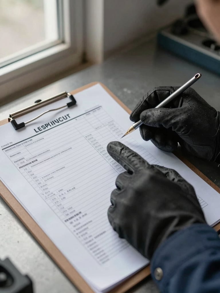Close-up of an automotive inspection report document on a metal clipboard, mechanic's gloved hand pointing to a checklist entry, natural overcast window light from the left, organized workshop bench visible in soft background