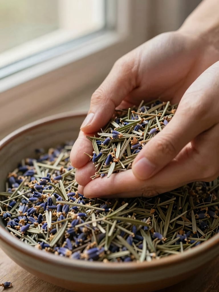 Hands gently handling dried lavender and rosemary leaves in a rustic ceramic bowl, soft warm window light, close-up texture
