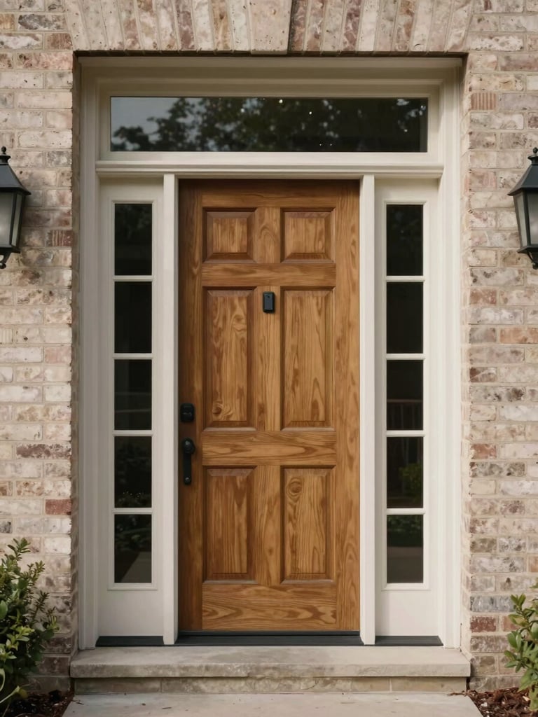 Close architectural detail of a residential front entry — painted wood door, clean brick surround, transom window above, shot straight-on under natural daylight, no people, no staging, neutral tones