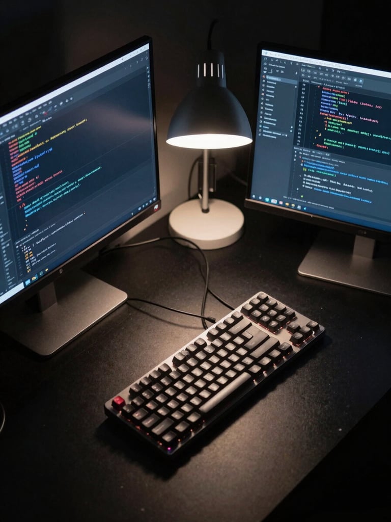 Overhead tight shot of a developer workstation, two dark monitors displaying code editor and terminal, mechanical keyboard center-frame, single tungsten desk lamp casting hard directional light, matte black surface, no people visible