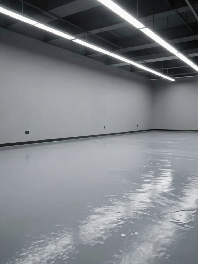 Low-angle wide shot of a pristine, high-gloss gray epoxy floor reflecting architectural LED light panels in a modern industrial facility, clean and dust-free, portrait aspect.