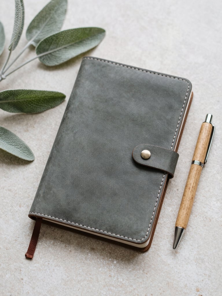 Flat-lay composition of a leather notebook, a wooden pen, and soft green sage leaves on a light stone background, overcast natural light