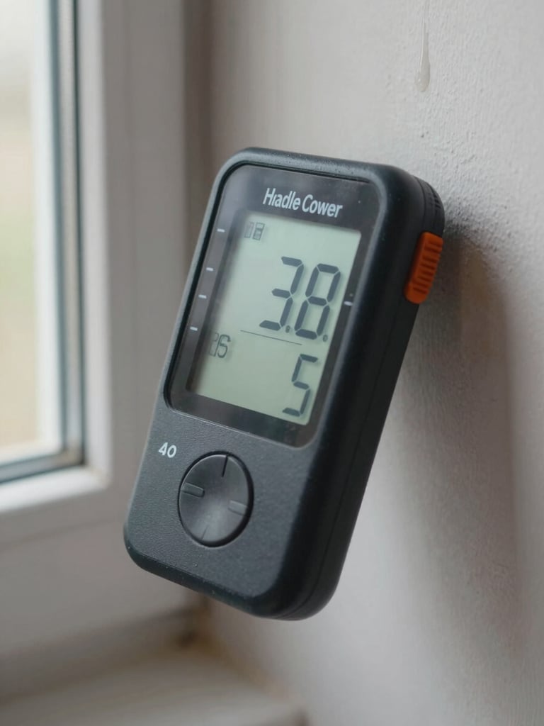 Tight close-up of a digital moisture meter display held against a wall surface, daylight from a nearby window illuminating the meter face and a faint water stain on the drywall behind it, angled slightly downward showing the reading clearly, no human face visible