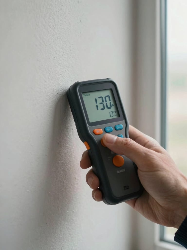 Tight close-up of a digital moisture meter display pressed against a wall surface showing a reading, inspector's hand visible holding the device, daylight from a nearby window casting clean even light, no faces, documentary framing