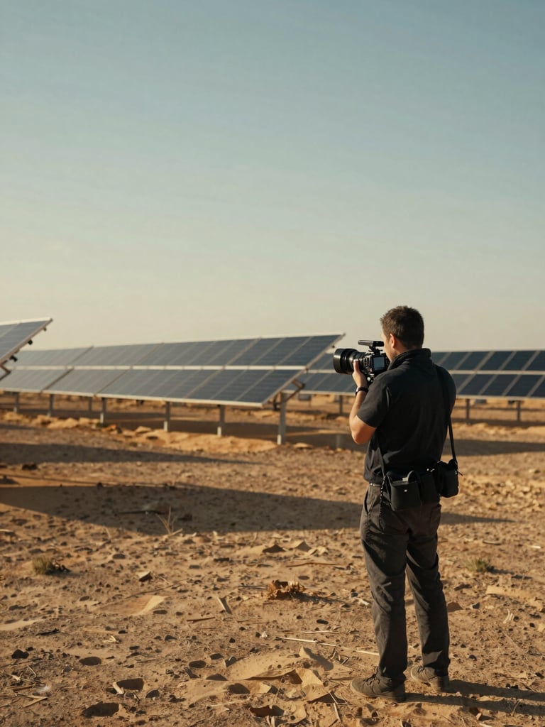 A documentary filmmaker capturing footage of a solar panel installation in a vast desert landscape, golden hour lighting, cinematic composition.