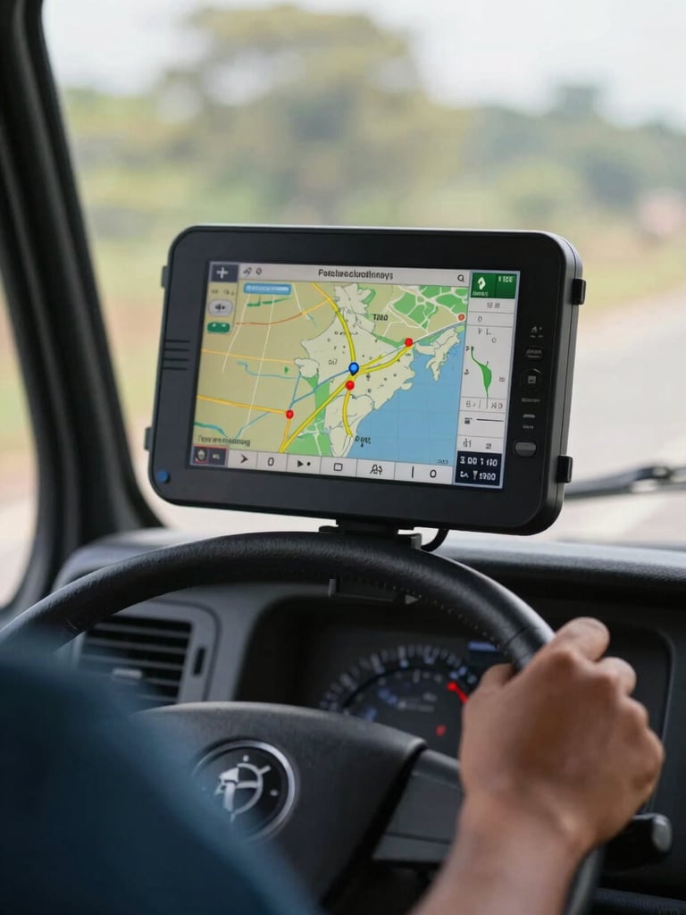Medium shot of a GPS tracking screen mounted in a carrier truck cab showing a live route map across India, crew member's hand visible on the wheel, daylight streaming through the windshield