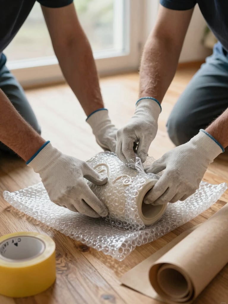 Close-up of two workers' gloved hands carefully wrapping a ceramic item in bubble wrap on a wooden floor, packing tape and kraft paper visible beside them, warm daylight from a side window