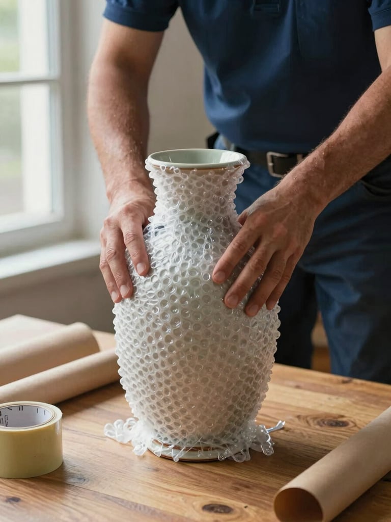 Close-up of a uniformed mover's hands carefully wrapping a ceramic vase in multiple layers of bubble wrap on a wooden floor, natural window light from the left, packing tape and kraft paper visible nearby