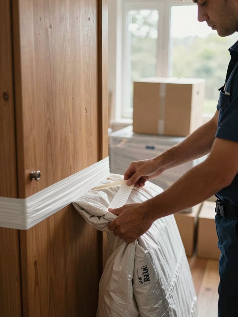 Close-up of uniformed movers carefully wrapping a wooden wardrobe in thick protective blankets inside a home, natural window light, hands securing strapping tape, stacked sealed boxes visible in the background